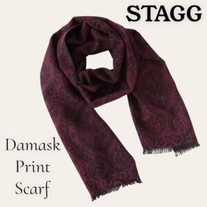STAGG 70”L Damask Print Burgundy & Brown Viscose Raw Hems Scarf/Wrap NWT